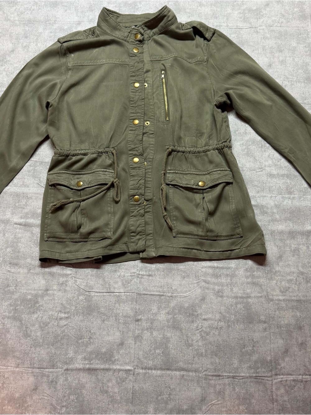Divided Women’s Green Military Jacket Size 12 Mid-Length Pockets Button Zip